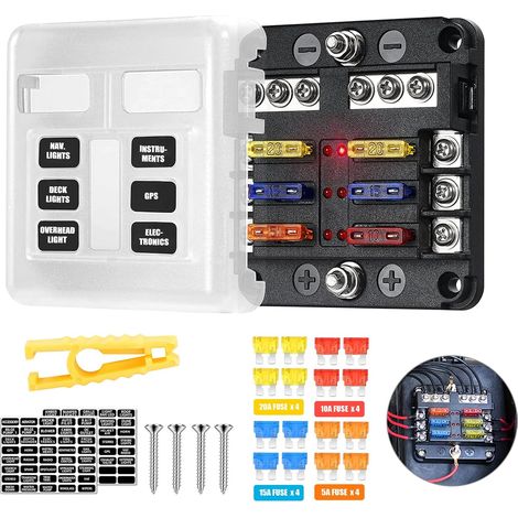 6 Compartment ATC/ATO 12V/24V DC 12V 100A Fuse Holder with 16 Fuses and LED Indicator for Car Boat Truck RV Van (1/5)