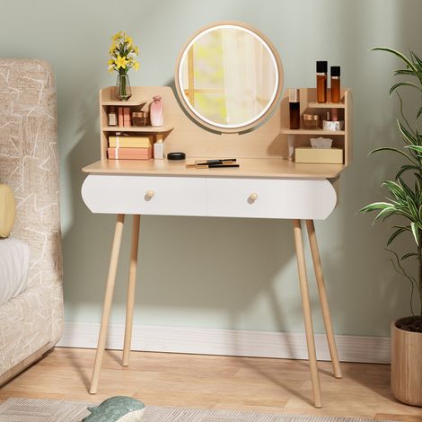FLASIDU  Coiffeuse avec LED Miroir Table de Maquillage - 3 Couleurs de Lumières, 2 Grand Tiroirs, 6 Étagères, Bois, 80×40×120 cm