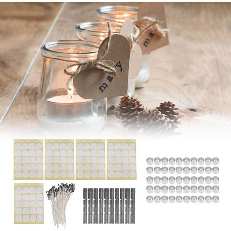 260 mèches de bougie blanches unies de 15 cm avec support 100 pièces + 100 pastilles adhésives double face en mousse + 50 supports de bougie + 10 supports de mèche en acier inoxydable + coque en alumi (1/5)