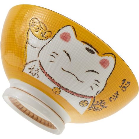 Grand Bol à Ramen Japonais - Teinte Jaune ⌀ 17,5 cm - Contenance 1000 Ml - Chat Maneki Neko - Bol à Riz, Petit Déjeuner (1/4)