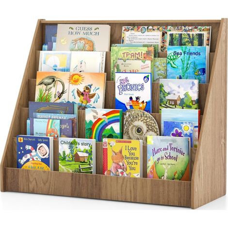 COSTWAY Libreria per Bambini a 5 Livelli, Scaffali Espositivi per Libri, Porta Riviste con Dispositivi Anti-ribaltamento per Cameretta dei Bimbi, Soggiorno, Asilo Nido, 91 x 38 x 76 cm (Naturale) (1/5)