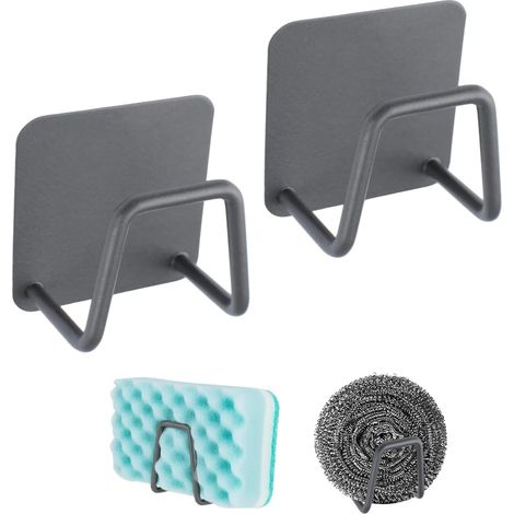 Lot de 2 porte-éponges adhésifs en acier inoxydable pour évier, savon, éponges, cintres antirouille qualité supérieure, accessoires cuisine, gris métallisé Gunmetal Grey -'2 Gunmetal Grey'Gunmetal Gre