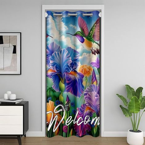 Colibri Tropical Rideau de Porte 86x203 Iris Violet Rideau de Porte pour L'Intimité de Porte Oiseau Mignon Papillon Rideau Occultant Ferme Fleur de Jardin Rideau Occultant Rideaux - 86L X 203H cm (1 P (1/5)