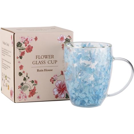 Tasse en verre à double paroi avec fleurs séchées, tasses à café fleuries, tasses à thé isolées avec poignée résistantes à la chaleur pour femmes, cadeaux pour anniversaire (1/5)