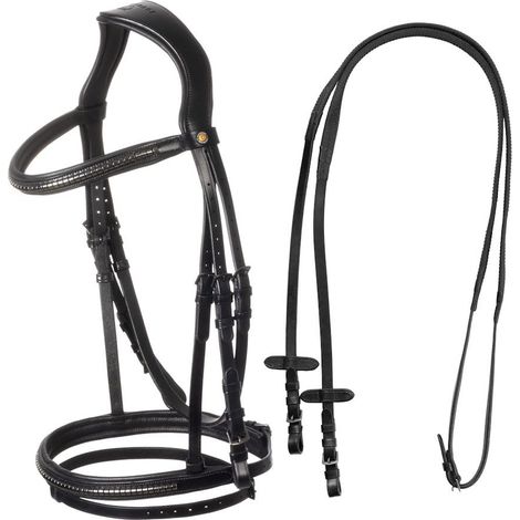Full, nero: Briglia inglese in pelle con clincher nero sulla capezzina e sul frontalino