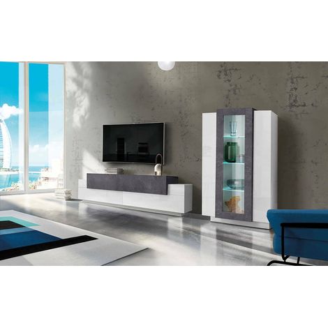 Dmora Élément mural de salon modulable, Made in Italy, avec lumière LED blanche, meuble TV et vitrine, Ensemble de salon moderne, 290x45h121 cm, couleur Blanc Brillant et Gris Frêne, avec emballage re