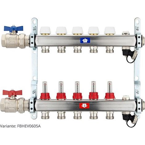 Fußbodenheizungsverteiler aus Edelstahl mit Topmeter für 5 Heizkreise - mit Anschlussset waagrecht (1/3)