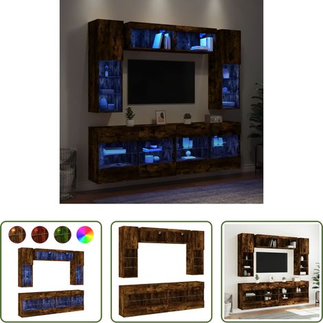 vidaXL Meuble LED - Ensemble de meubles TV muraux 6pcs et lumières LED chêne fumé (1/5)