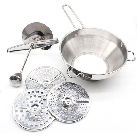 Colino - Colino per mescolare - Colino rotante - Colino - Colino in acciaio inox con 3 inserti - Per zuppe, marmellate, frullati, pappe e salse - Acciaio inox (1/5)