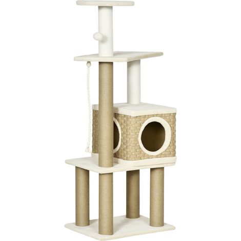 Arbre à chat griffoirs sisal naturel niche plateformes jeux boule suspendue peluche courte hauteur 128 cm beige (1/5)