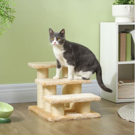 Escalier griffoir pour chat en sisal et panneaux de particules beige, pour griffer, grimper et se reposer, 45 x 35 x 34 cm (1/5)