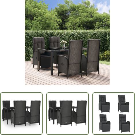 Gartenessgruppe - 5-tlg. Garten-Essgruppe mit Kissen Schwarz Poly Rattan (1/5)