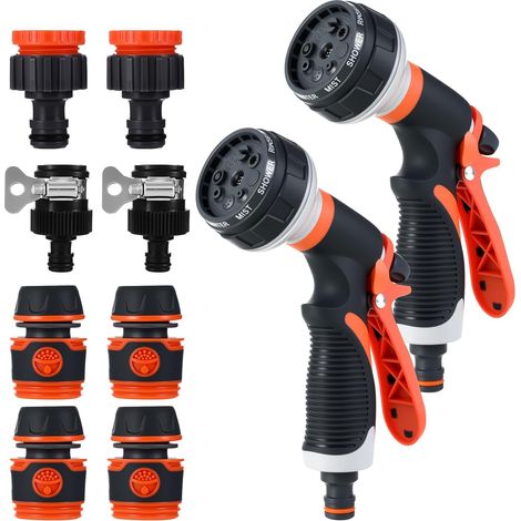 2er-Set Gartenbewässerungspistole, 8 Hochdruck-Bewässerungspistolen-Modi, geeignet für Gartenbewässerung, Baden von Haustieren, Waschen von Fahrzeugen, Multifunktions-Gartengerät (Orange) (1/5)