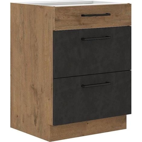 Meuble casserolier ROCK - Mélaminé décor chene lancelot et gris matera - 3 tiroirs - L60 x H82 cm (1/4)