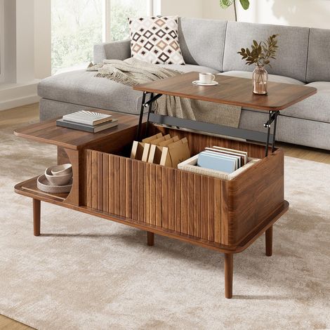 Tavolino da caffè alzabile stile retrò 100x48 cm, effetto noce, con anta scorrevole, frontale a scanalature verticali, gambe in legno, tavolo multifunzione da soggiorno (1/5)