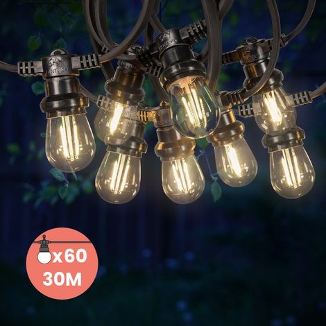 Guirlande Guinguette 30M 60 Bulbes Filament Blanc Chaud - Guirlande Lumineuse Ampoule E27 Transparente - Guirlande Guinguette Led Filament rétro (1/5)