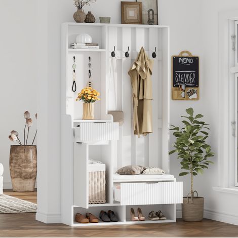 MEUBLIV Recibidor 100x30x180 cm blanco – 8 ganchos, banco zapatero y almacenaje (1/5)