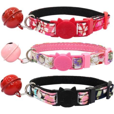 pair Collier pour chat de style japonais, 3 pièces, nouveau collier pour animal de compagnie, fleur en strass, boucle de sécurité anti-étouffement, collier pour chat avec cloche (1/5)