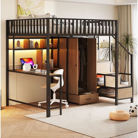 Lit mezzanine 140/200 cm noir en métal avec bureau, armoire, rangements, prises et éclairage DEL (1/5)