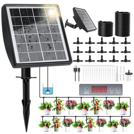 Bardusch - Kit d'arrosage solaire goutte à goutte, système d'irrigation goutte à goutte avec minuterie et tuyau de 15 m, pour jardin, balcon, pelouse, pots de légumes pour les vacances (1/5)