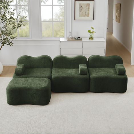 Divano angolare modulare 3 posti con 1 ottomano, schiuma 32D, velluto verde HAVRYA (1/5)