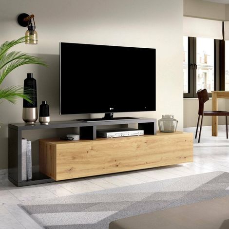 Dmora - TV-Ständer Maiella, niedriges Sideboard für Wohnzimmer, Sideboard für Wohnzimmer für Fernseher, 165 x 40 x 47 cm, Eiche Nodes und Anthrazit (1/5)