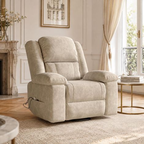 Sillón elevador eléctrico reclinable, masaje de 8 puntos y calefacción lumbar, ayuda para levantarse para personas mayores, tejido técnico antimanchas, beige (1/5)
