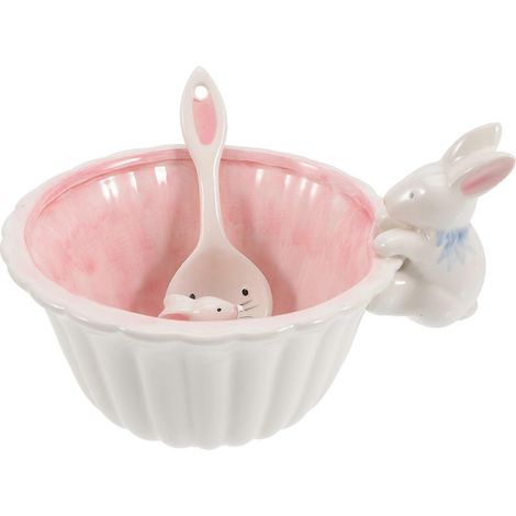 Bol en céramique motif lapin, compatible avec un usage domestique, lot de 1 avec cuillère incluse (1/5)