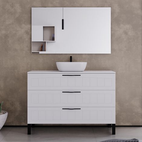 Meuble de salle de bain 120cm avec plateau et vasque à poser ovale - 3 tiroirs - blanc - CALA (1/5)
