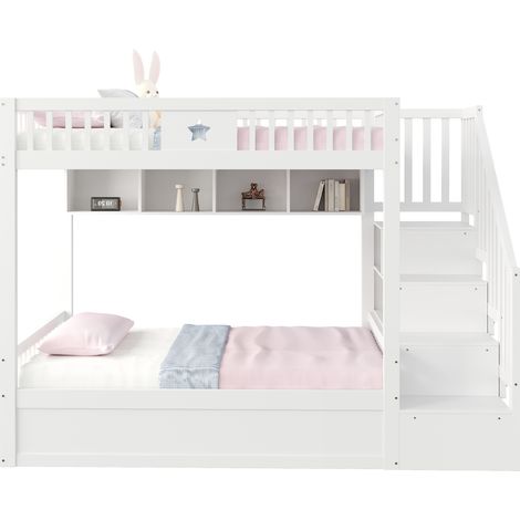 Letto a Soppalco 140 × 200 cm, Letto Matrimoniale con Vano Idraulico, Scaffali e Scala, senza Materasso (1/5)