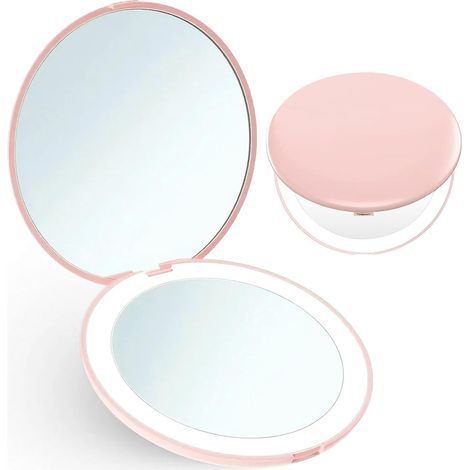 Miroir de maquillage compact avec grossissement x1/x10 et éclairage LED pour sac à main - pliable - Rose (1/5)