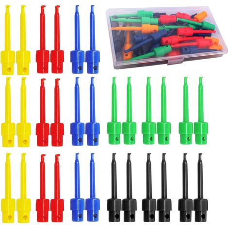 Lot de 30 mini pinces à ressort pour sonde de test - Fil de plomb - Circuit imprimé SMD IC (rouge, bleu, noir, jaune, vert) - 58 mm