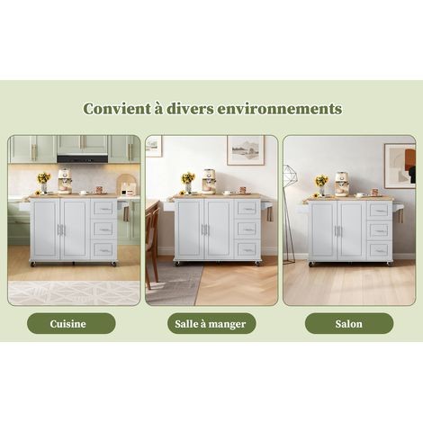 Grande table de cuisine mobile (1377692 cm), design pliable, meuble multifonctionnel, 3 tiroirs, porte-serviettes, convient aux cuisines et salles à manger. (1/5)