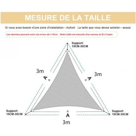 Voile d'ombrage triangulaire imperméable blanc cassé 3x3x3 mètres, toile pare-soleil PES anti-ultraviolet, adaptée aux jardins extérieurs, terrasses et balcons. (1/5)