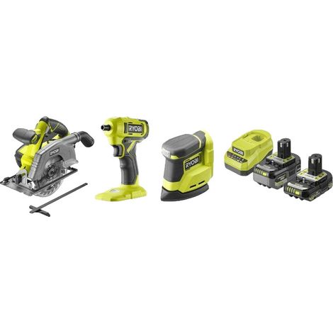 RYOBI Pacco 3 attrezzi ONE+ 18V trapano avvitatore + sega a gattuccio + levigatrice delta + batterie 4Ah e 2Ah + caricabatterie R18CK3G-242G