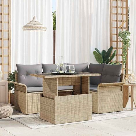 Garten-Sofa-Set mit Kissen 5 pcs Beige Poly Rattan (1/5)