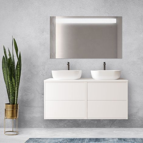 Mueble de baño suspendido de 120 cm en madera blanca satinada con lavabo de dos senos - Olympus - 120 cm Con espejo doble columna y doble lámpara LED - Misura: 120 cm - Accessorio: Con doppia colonna