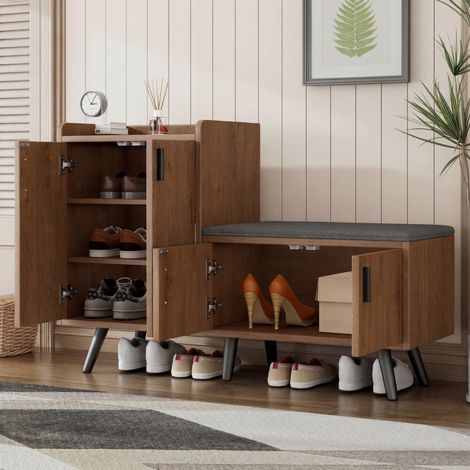 Meuble à chaussures avec banc, 4 portes, 120 x 34 x 82,8 cm, bois et métal, naturel OKMYHOME (1/5)