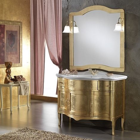 Bagno Italia Mobile Arredo Bagno 110cm Foglia ORO con lavabo in ceramica e specchiera con cornice Mobili 1 (1/3)