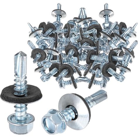 50-Pack Vis Auto-Foreuses Avec Joint En Caoutchouc M5.5 x 25mm En Acier Carbone Zingué À Tête Hexagonale Pour Toiture Métallique/Panneaux De Bardage/Structures En Acier (1/5)