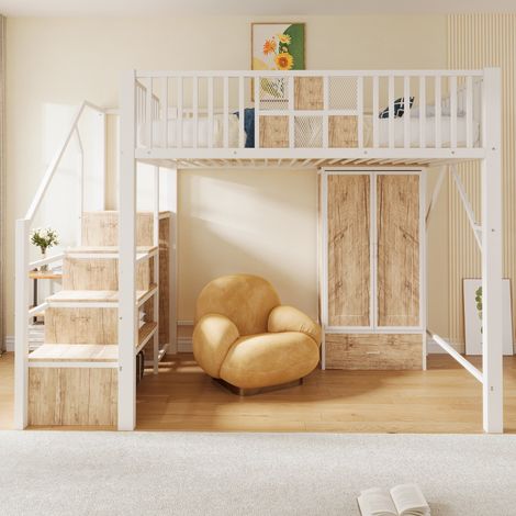 Lit mezzanine métallique blanc 140x200 barrière bois treillis métallique armoire tiroirs échelle de rangement espace optimisé chambre (sans Matelas) (1/5)