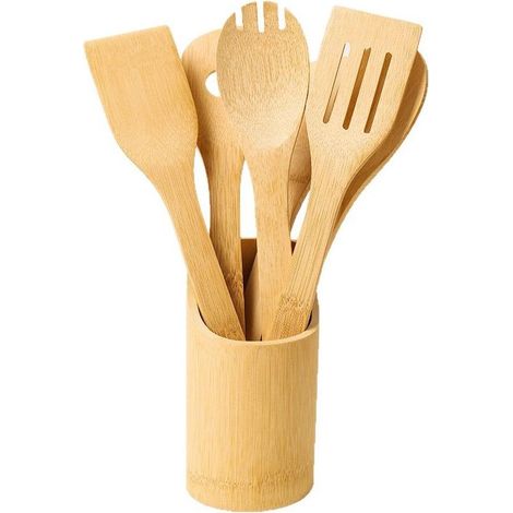 Ustensiles De Cuisine En Bambou - Ensemble 6 Pièces Avec Support - Résistant À La Chaleur - Pour Poêles Antiadhésives - 6 Pièces