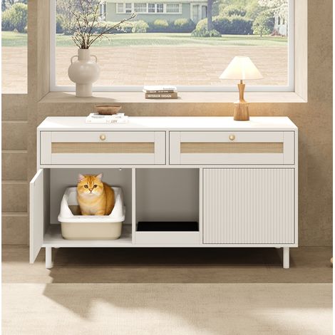 Meuble rangement litière chat double porte blanc MDF OKMYHOME (1/5)