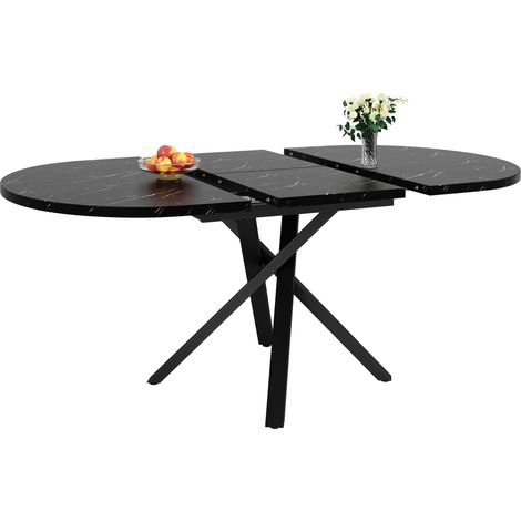 Table ronde marbre 100-140 cm, H 75,5 cm, pieds métal X noir, design moderne, cuisine petit-déjeuner, gain de place, élégante (1/5)