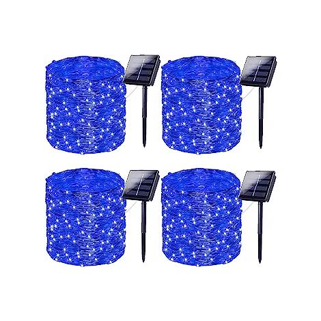 4pcs 30m 300 LED solaire string Light, super lumineux solaire Halloween lumière extérieure, Jardin Terrasse Noël 8 modes d'éclairage (Bleu) (1/5)