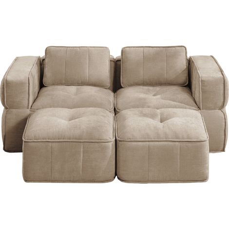 Canapé modulable 2 places avec deux poufs, canapé en tissu polyester beige sable à assise profonde pour salon et appartement (1/5)