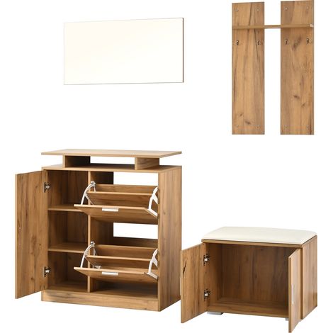 Conjunto recibidor con zapatero, banco, espejo y 4 ganchos, color natural, 140 x 35 x 133 cm (1/5)