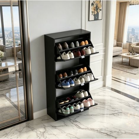 Meuble chaussures noir en MDF 60 x 26 x 124 cm avec 3 portes abattantes OKMYHOME (1/5)