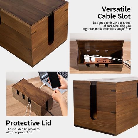 Große Kabelmanagementbox, Kabelorganizer aus Holz für den Schreibtisch, Steckdosenleiste und Kabelaufbewahrungsbox, Überspannungsschutz für den Boden, geeignet für Büro und Homeoffice (1/5)