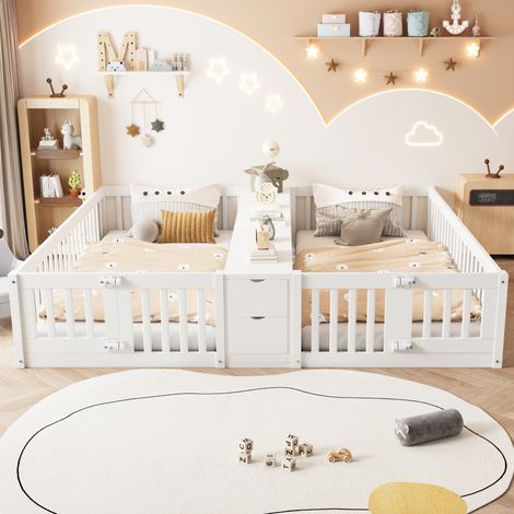 Lit bois 90x200 cm avec tiroir et étagère double, cadre enfant double avec barrière protection, montants surélevés, blanc (1/5)